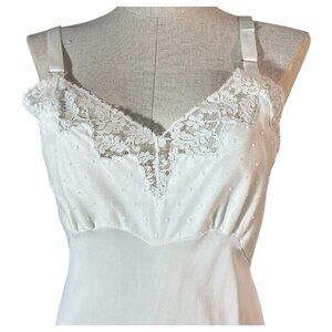 Vintage Komar Lingerie White Nylon Full Slip Size 34 Lace Trim Polka Dot Bodice